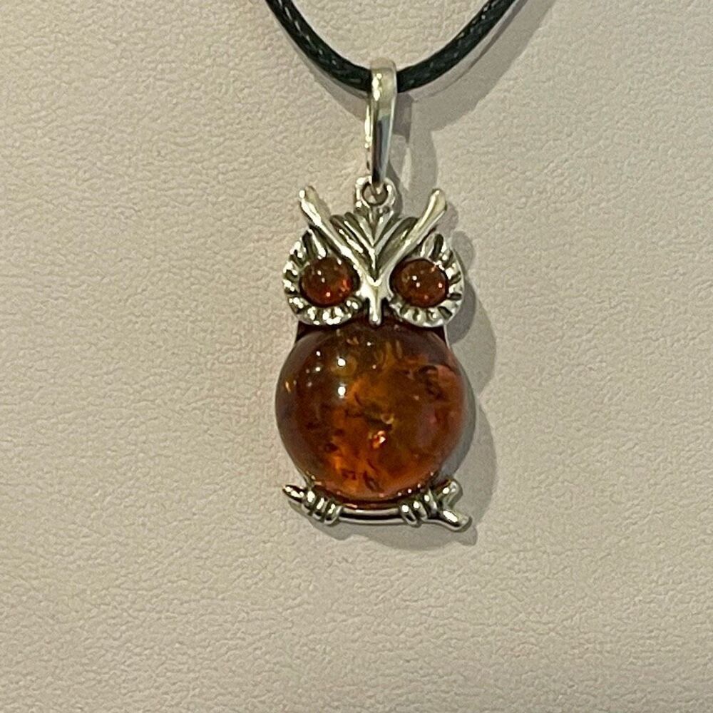 Stunning Baltic Amber Owl Necklace Statement Pendant Charm Sterling Silver New